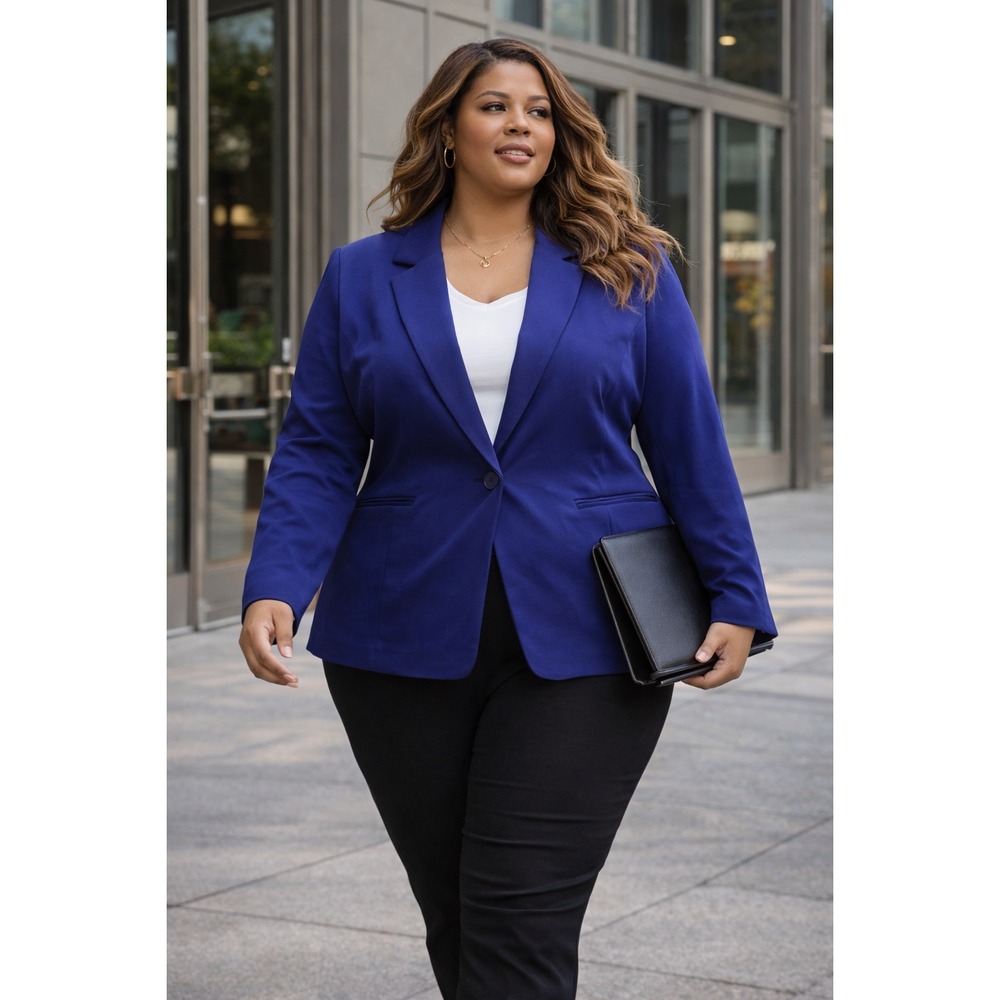NWT Ashley Stewart Womens Quiet Luxury Classic Ponte Blazer Sz 26 Blue Polished